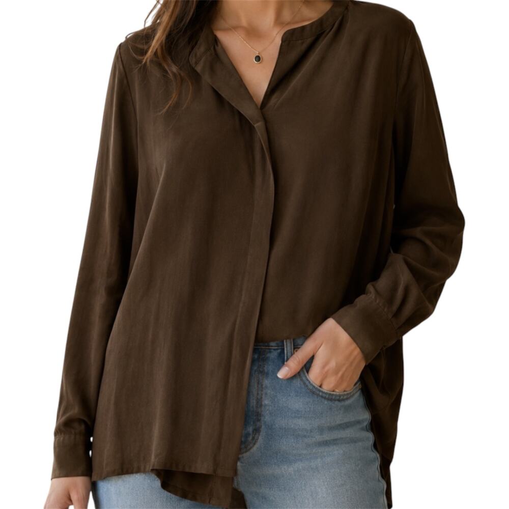 J. Jill Blouse 100% Silk Long Sleeve Top Notch V Neck Oversized Pullover Brown S